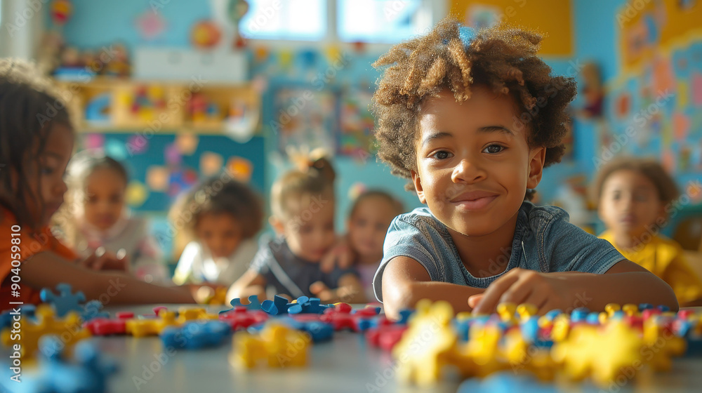 Happy Boy Playing with Puzzle Pieces in Classroom Happy Boy Playing with Puzzle Pieces in Classroom