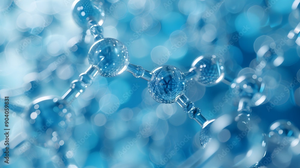 Molecular structure model, blue monochromatic color scheme, transparent glass atoms, interconnected bonds, scientific visualization, 3D rendering, macro photography. Molecular structure model, blue monochromatic color scheme, transparent glass atoms, interconnected bonds, scientific visualization, 3D rendering, macro photography.