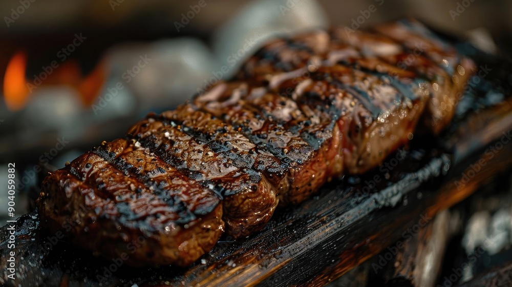 Juicy grilled steak served on a wooden board, showcasing perfect grill marks and a smoky flavor, ideal for culinary eye candy. Juicy grilled steak served on a wooden board, showcasing perfect grill marks and a smoky flavor, ideal for culinary eye candy.