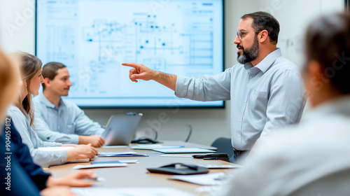 A team of cybersecurity professionals gathered around a conference table, discussing a network vulnerability assessment. The consultant is leading the discussion, pointing at a lar