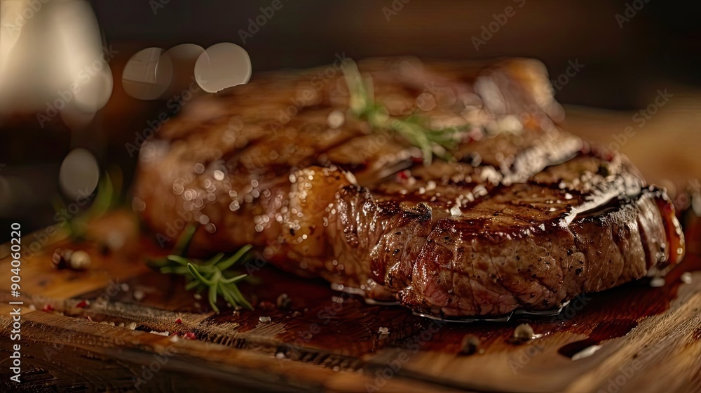 A mouthwatering grilled steak on a wooden board, garnished with herbs and drizzled with sauce, perfect for culinary delights. A mouthwatering grilled steak on a wooden board, garnished with herbs and drizzled with sauce, perfect for culinary delights.