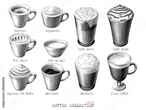 Antique engraving illustration of Coffee type collection black and white clip art isolated on white background