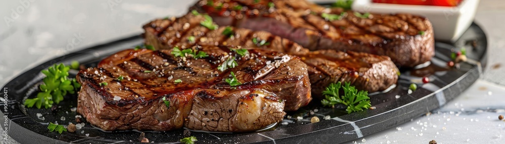 Juicy grilled steak served on a dark plate, garnished with herbs and accompanied by sauce. Perfect for food lovers and culinary art. Juicy grilled steak served on a dark plate, garnished with herbs and accompanied by sauce. Perfect for food lovers and culinary art.