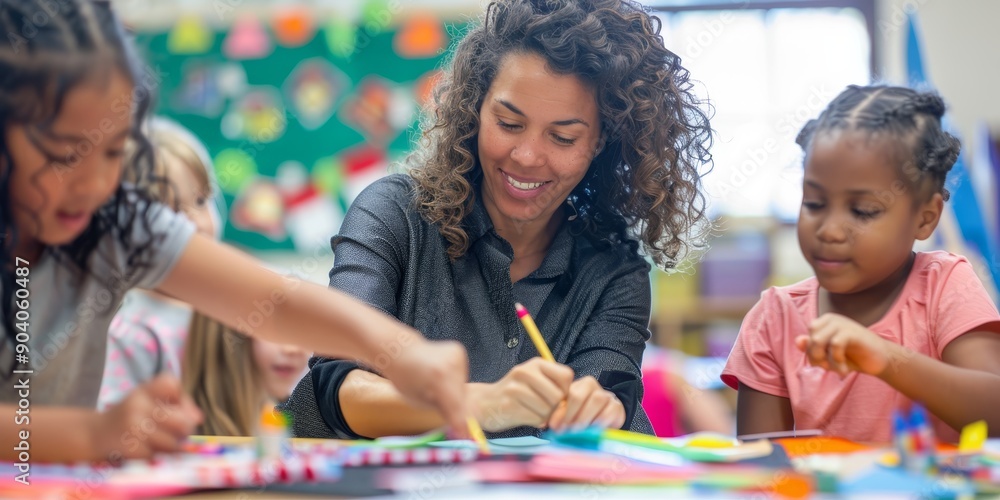 A teacher leading a creative arts and crafts session with elementary students, nurturing artistic expression A teacher leading a creative arts and crafts session with elementary students, nurturing artistic expression