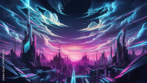 Anime cartoon neon game background, app gaming background sky with clouds and bright cyberpunk colours, colourful bg background wallpaper photo