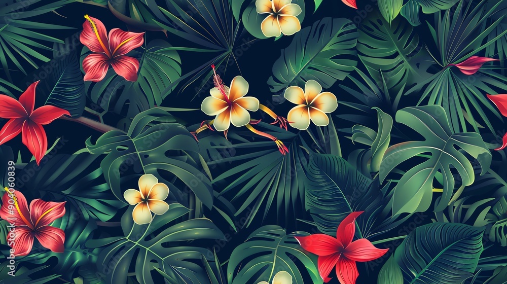 Generate a seamless pattern with tropical plants and flowers Generate a seamless pattern with tropical plants and flowers