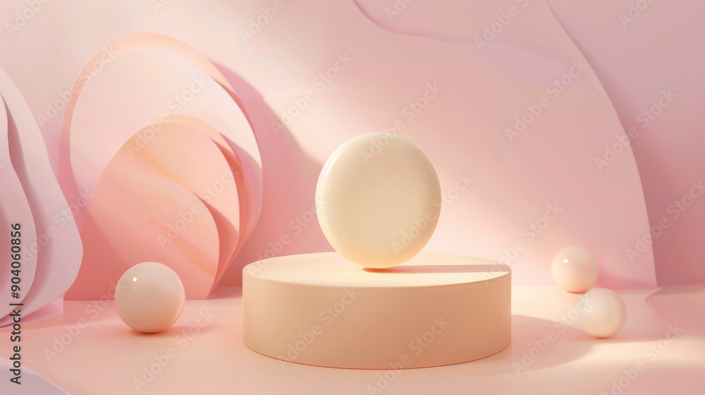 Fototapeta premium A matte cylindrical podium is set on a pastel background with abstract geometric shapes. Soft studio lighting adds a gentle glow, ideal for showcasing beauty products.