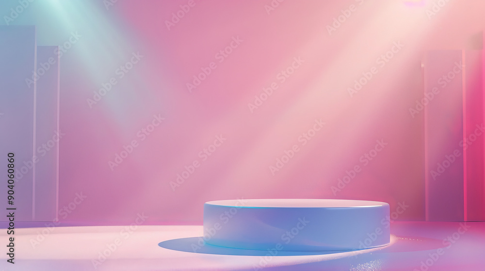 A smooth cylindrical podium stands isolated on a pink pastel background with abstract, soft gradients. Cool, blue studio lights enhance the modern look, ideal for cosmetics display. A smooth cylindrical podium stands isolated on a pink pastel background with abstract, soft gradients. Cool, blue studio lights enhance the modern look, ideal for cosmetics display.