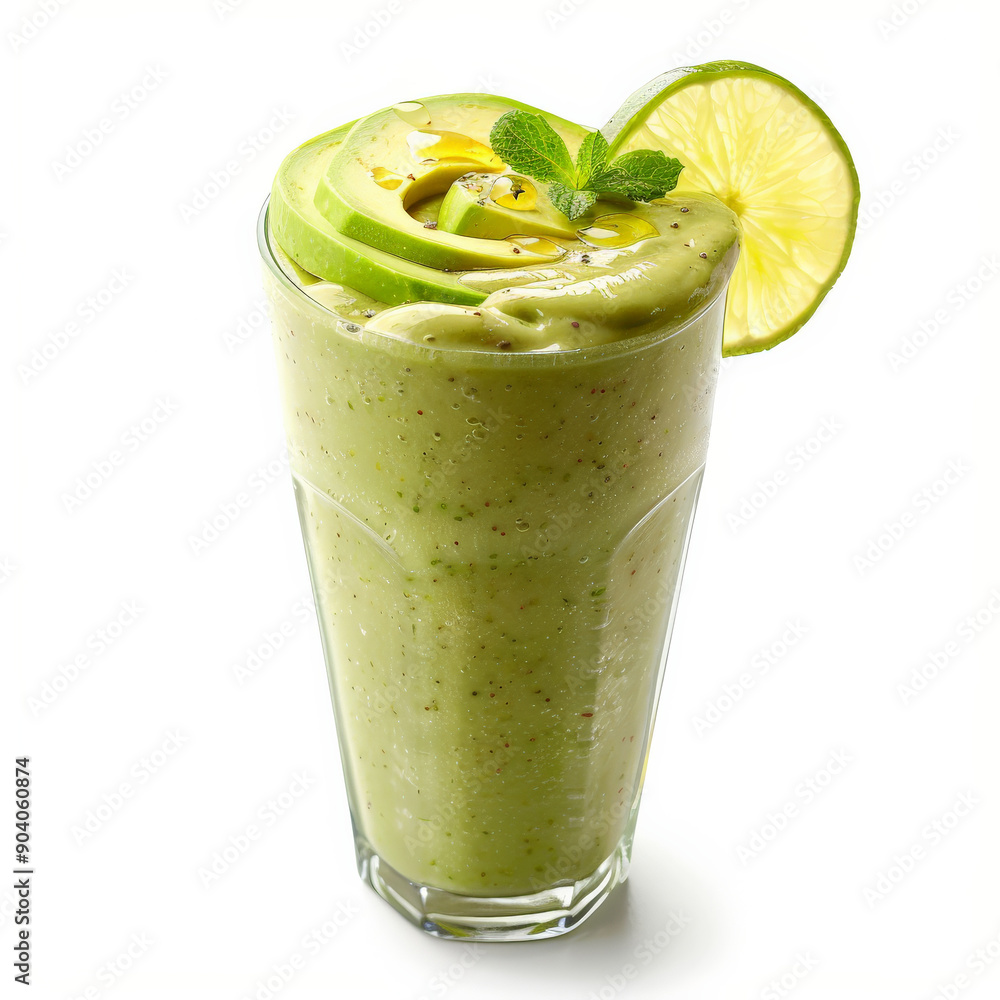 A creamy freshly pressed avocado smoothie with lime and honey, topped with avocado slices and a lime wedge, isolated on white background. A creamy freshly pressed avocado smoothie with lime and honey, topped with avocado slices and a lime wedge, isolated on white background.