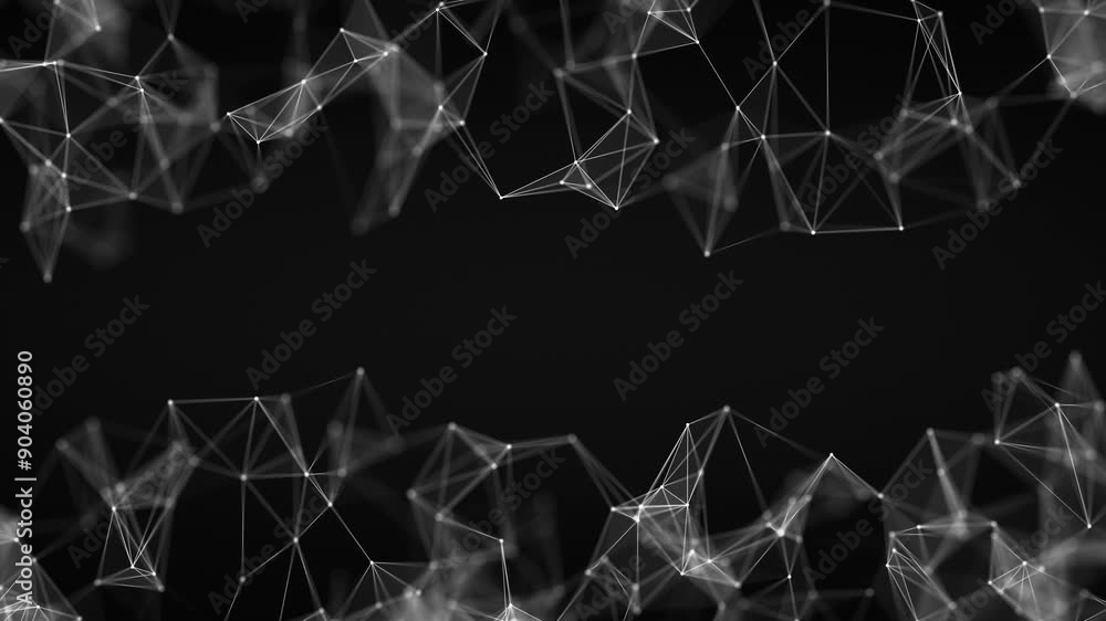 Black and white plexus effect. Particles and polygons fly slowly, a futuristic interweaving of digital data. Looped abstract connection of dots and lines on a black background. Neural networks, Cellul Black and white plexus effect. Particles and polygons fly slowly, a futuristic interweaving of digital data. Looped abstract connection of dots and lines on a black background. Neural networks, Cellul