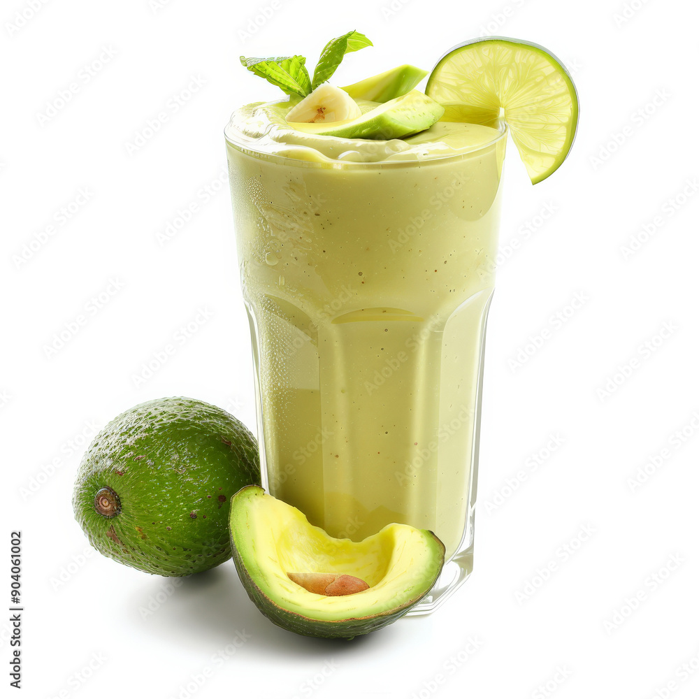 A creamy freshly pressed avocado and banana smoothie with lime, garnished with avocado slices and a lime wedge, isolated on white background. A creamy freshly pressed avocado and banana smoothie with lime, garnished with avocado slices and a lime wedge, isolated on white background.
