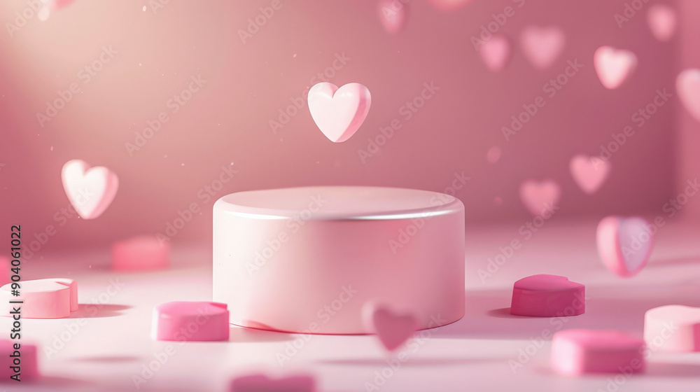 A glossy cylindrical podium is set on a pink pastel background with abstract heart motifs. Bright studio lights highlight the podium, making it ideal for displaying cosmetics. A glossy cylindrical podium is set on a pink pastel background with abstract heart motifs. Bright studio lights highlight the podium, making it ideal for displaying cosmetics.