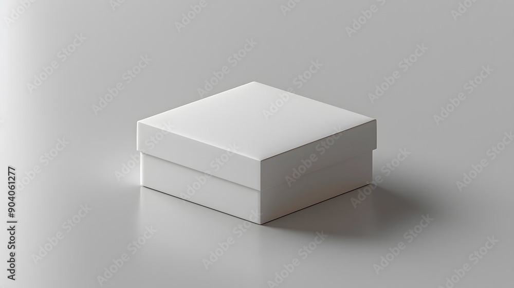 Realistic 3D rendering, white square box, closed lid, minimalist design, clean edges, subtle shadow, light gray background, product packaging mockup, studio lighting. Realistic 3D rendering, white square box, closed lid, minimalist design, clean edges, subtle shadow, light gray background, product packaging mockup, studio lighting.