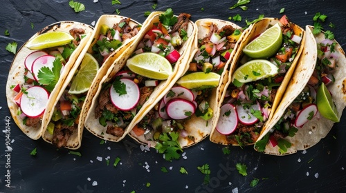 mexican tacos with limes and radish slices photo