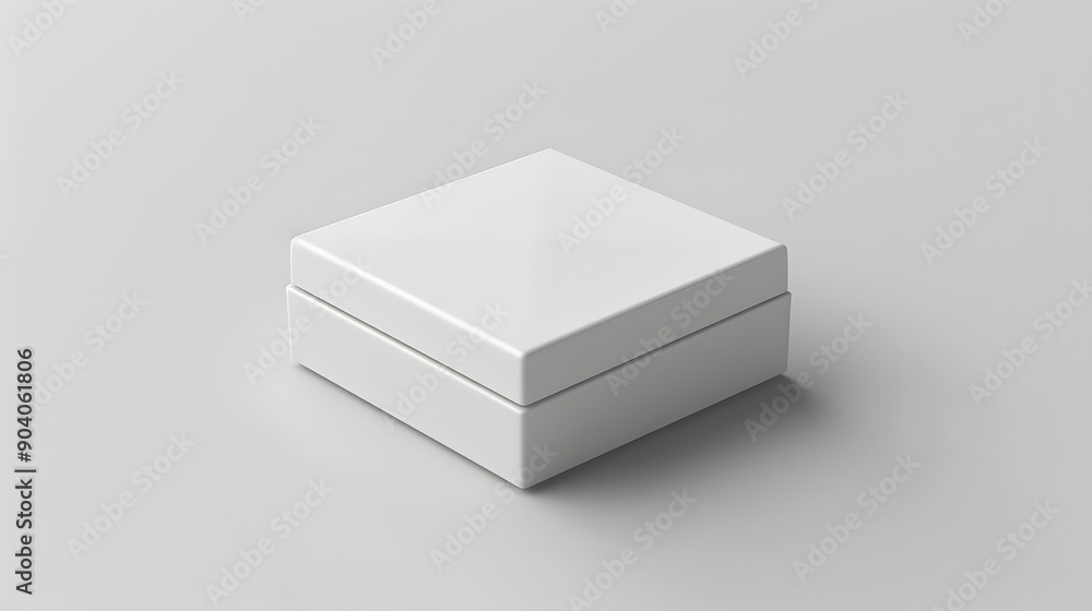 Realistic 3D rendering, white square box, closed lid, minimalist design, clean edges, subtle shadow, light gray background, product packaging mockup, studio lighting. Realistic 3D rendering, white square box, closed lid, minimalist design, clean edges, subtle shadow, light gray background, product packaging mockup, studio lighting.
