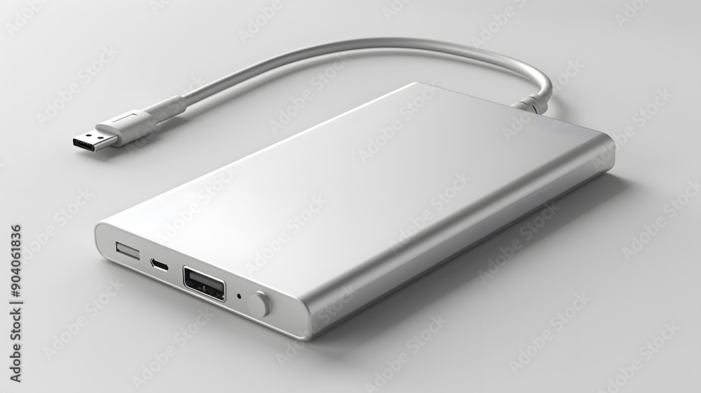 Silver portable charger, metallic power bank, sleek design, USB cable attached, minimalist tech accessory, brushed aluminum finish, clean white background, soft shadows. Silver portable charger, metallic power bank, sleek design, USB cable attached, minimalist tech accessory, brushed aluminum finish, clean white background, soft shadows.