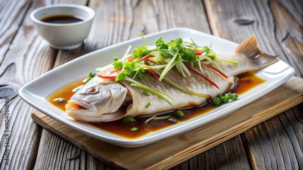 Freshly steamed snapper fillet drizzled with savory soy sauce, served in a clean white ceramic dish on a rustic wooden table. Freshly steamed snapper fillet drizzled with savory soy sauce, served in a clean white ceramic dish on a rustic wooden table.