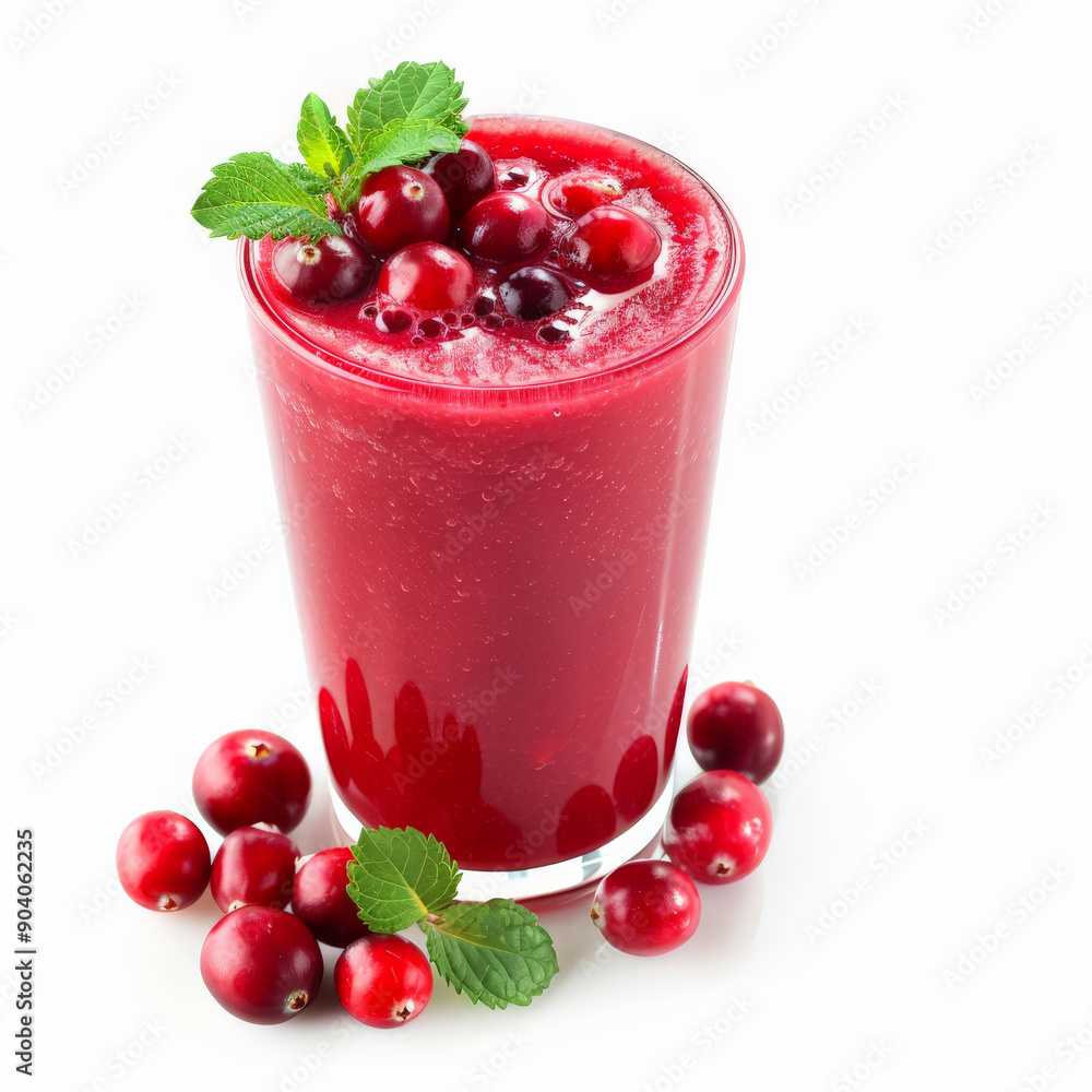 A tangy freshly pressed cranberry smoothie with apple and orange juice, topped with fresh cranberries and a mint leaf, isolated on white background. A tangy freshly pressed cranberry smoothie with apple and orange juice, topped with fresh cranberries and a mint leaf, isolated on white background.