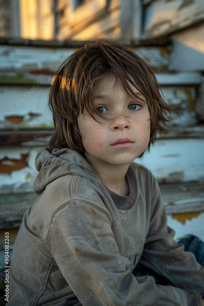 A young child with a thoughtful expression sits on worn steps, wearing a tattered hoodie, capturing a mood of contemplation.
A young child with a thoughtful expression sits on worn steps, wearing a tattered hoodie, capturing a mood of contemplation.
