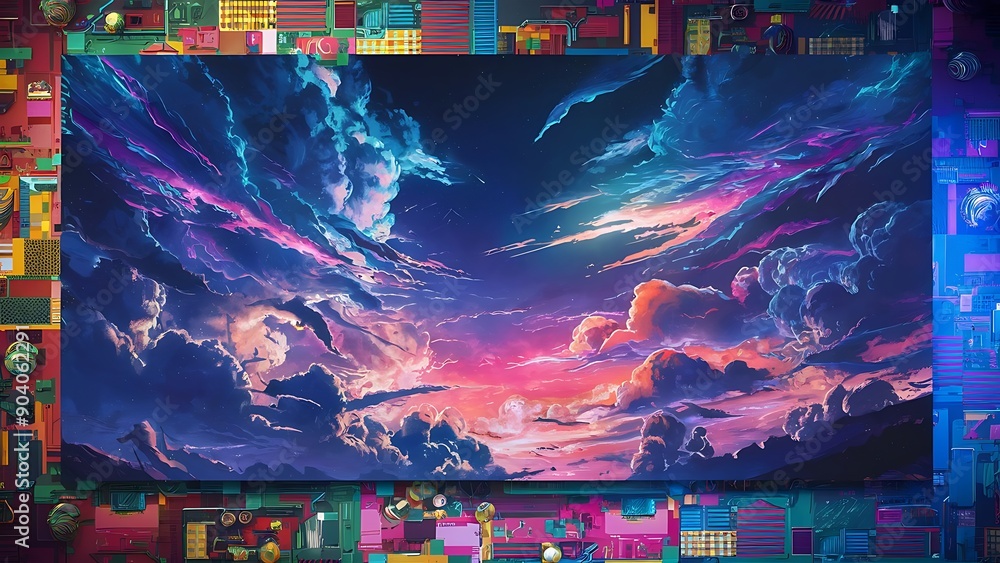 Anime cartoon neon game background, app gaming background sky with ...