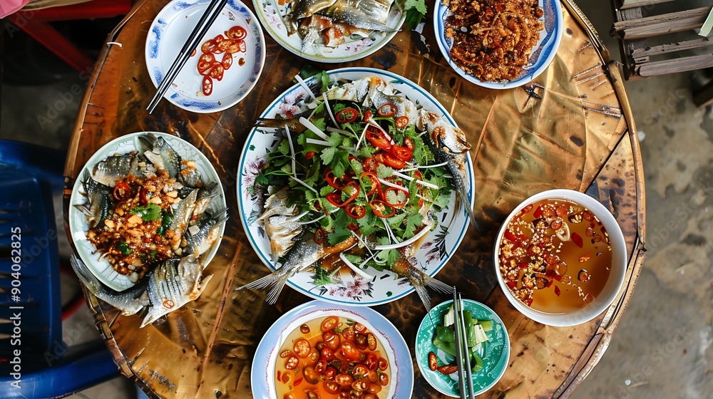 A circular table with a plate of fish onions and chili sauce A circular table with a plate of fish onions and chili sauce