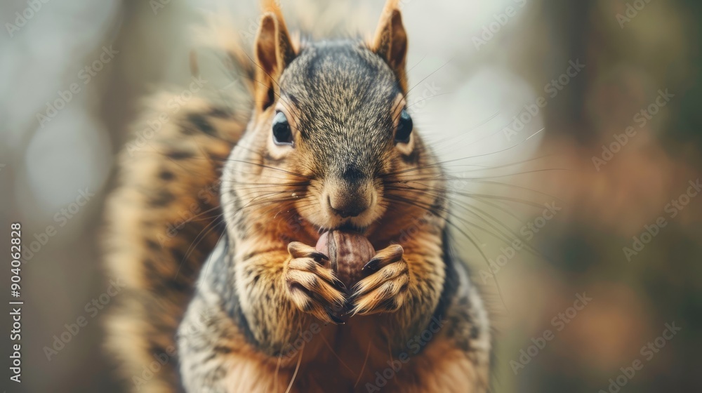 Fototapeta premium A fox squirrel with a nut in its mouth
