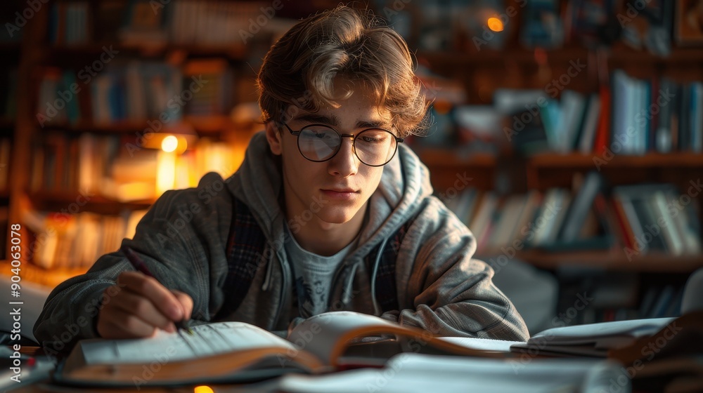 Young Man Studying in Cozy Library Young Man Studying in Cozy Library