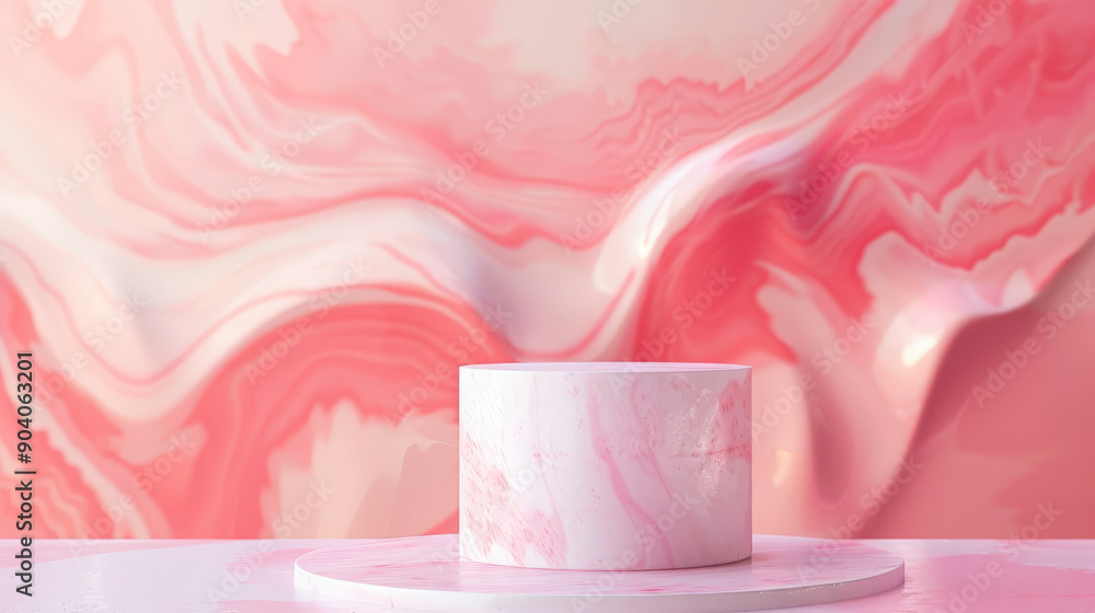 A cylindrical podium with a textured surface stands in front of an abstract pink pastel background with fluid marble patterns. Subtle studio lighting enhances the elegance, perfect for cosmetics A cylindrical podium with a textured surface stands in front of an abstract pink pastel background with fluid marble patterns. Subtle studio lighting enhances the elegance, perfect for cosmetics