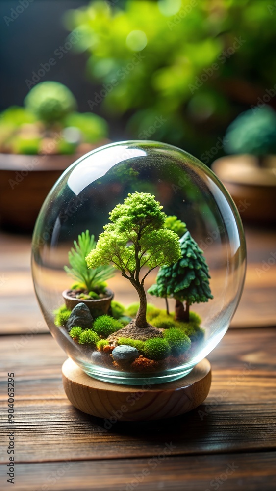 Miniature forest in a glass sphere, made in the style of a terrarium, with realistic trees and plants on a wooden base. The background is blurred. Vertical banner, for décor, decoration Miniature forest in a glass sphere, made in the style of a terrarium, with realistic trees and plants on a wooden base. The background is blurred. Vertical banner, for décor, decoration
