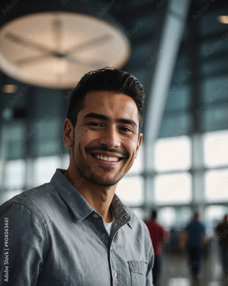 Fototapeta premium hispanic guy airport terminal background smiling happy portrait with copy space