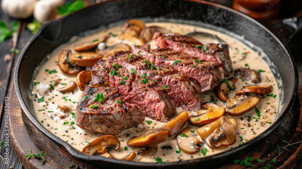 Fried dry aged wagyu roast beef steak with chanterelle in cream sauce offered as close up in a rustic wrought iron skillet Fried dry aged wagyu roast beef steak with chanterelle in cream sauce offered as close up in a rustic wrought iron skillet