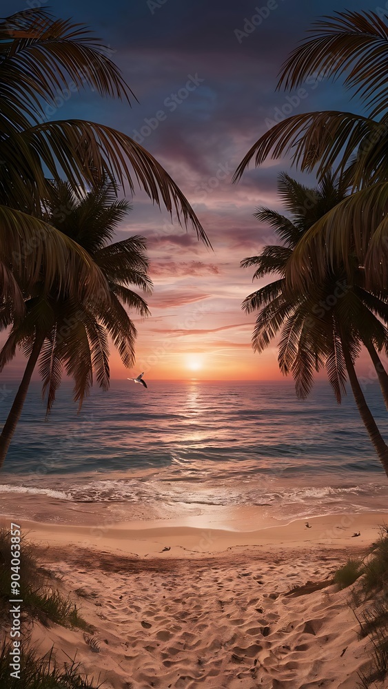 Obraz premium Ocean sunset scenery summer evening with palm tree silhouettes desktop wallpaper