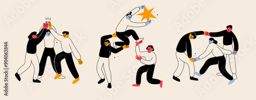 Group of people or coworkers supporting each other, holding hands, giving high five. Cartoon characters. Community, success, unity, friendship, teamwork concept. Hand drawn modern Vector illustration