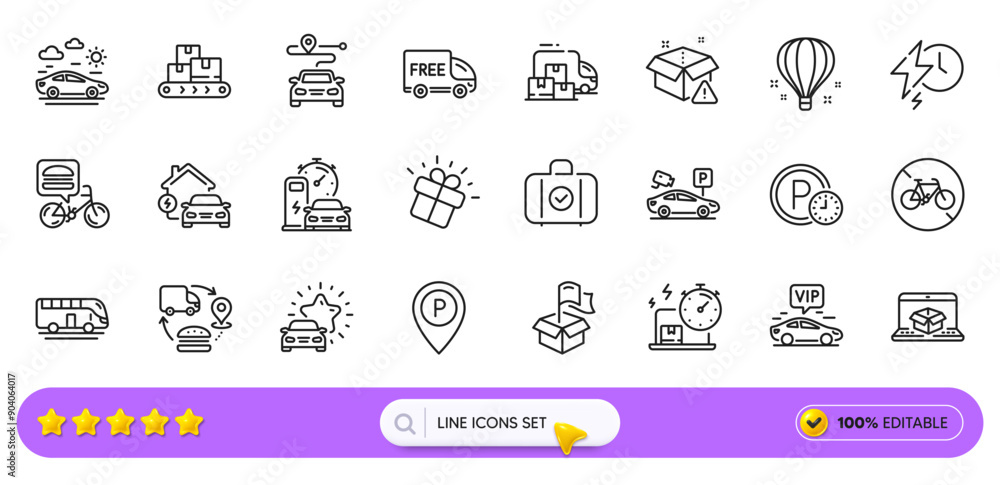Bicycle prohibited, Delivery warning and Delivery online line icons for web app. Pack of Air balloon, Journey, Gift pictogram icons. Home charging, Carry-on baggage, Parking signs. Search bar. Vector Bicycle prohibited, Delivery warning and Delivery online line icons for web app. Pack of Air balloon, Journey, Gift pictogram icons. Home charging, Carry-on baggage, Parking signs. Search bar. Vector
