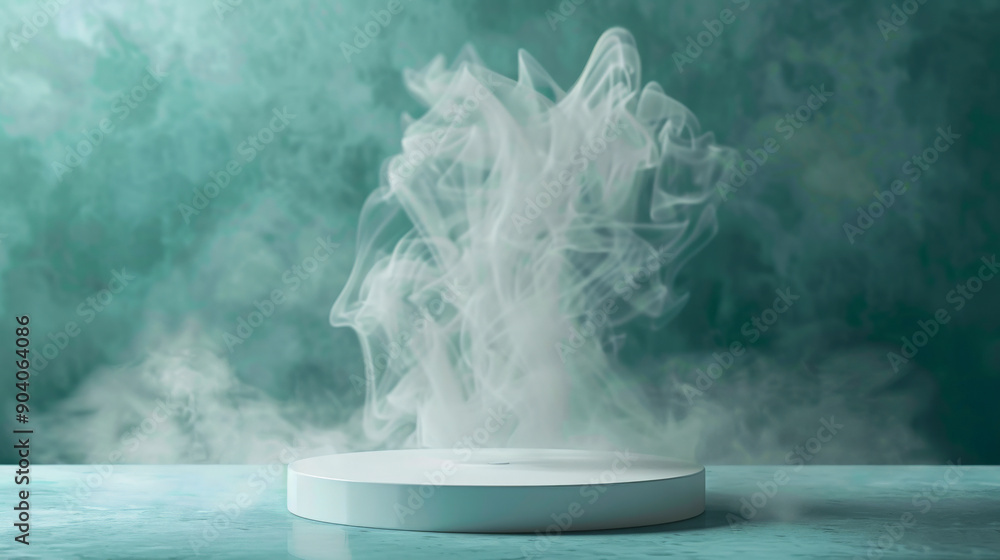 A minimalist podium is positioned against a mockup background with a frame of white smoke. The smoke creates soft curves, blending seamlessly with a gradient from teal to white, offering a fresh and A minimalist podium is positioned against a mockup background with a frame of white smoke. The smoke creates soft curves, blending seamlessly with a gradient from teal to white, offering a fresh and