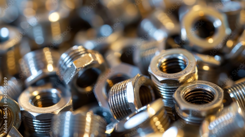 Shiny steel threaded pipe fittings are piled up, forming an industrial background. Shiny steel threaded pipe fittings are piled up, forming an industrial background.