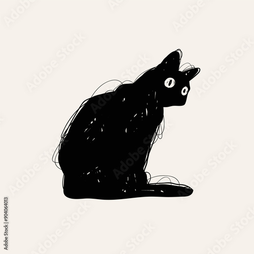 Black cat sitting and looking, staring. Doodle sketch style. Cute, adorable animal character. Hand drawn Vector illustration. Isolated design element. Logo, icon, print, design template