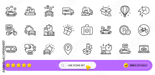 Bicycle prohibited, Delivery warning and Delivery online line icons for web app. Pack of Air balloon, Journey, Gift pictogram icons. Home charging, Carry-on baggage, Parking signs. Search bar. Vector