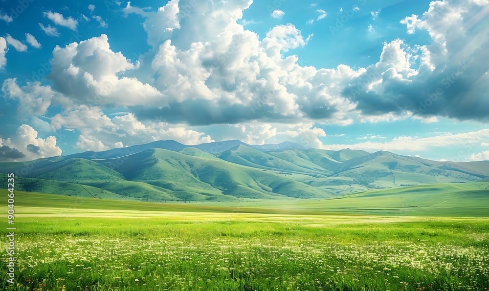 Rolling green fields extending to the horizon, with picturesque mountains and a sky filled with beautiful, textured clouds Rolling green fields extending to the horizon, with picturesque mountains and a sky filled with beautiful, textured clouds