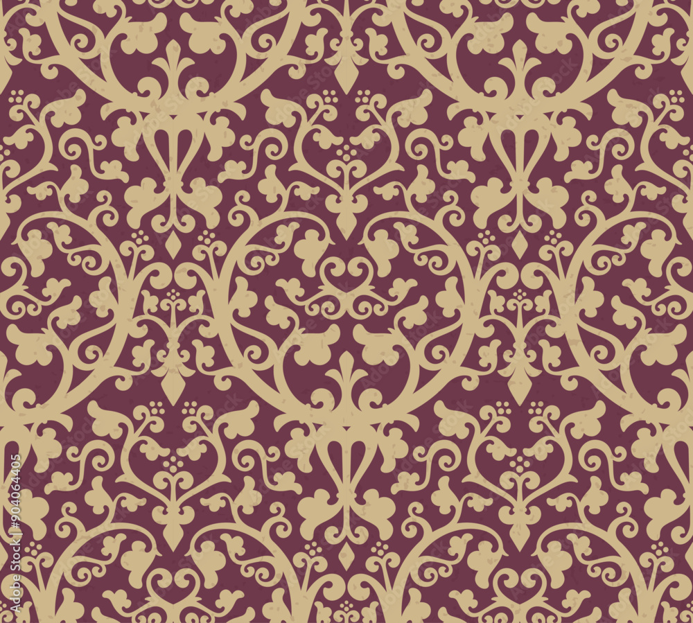Vector seamless illustration depicting an intricate ornate pattern in baroque style. Repeating floral motifs in beige on a maroon background. Elegant and sophisticated, evoking a sense of wealth. Vector seamless illustration depicting an intricate ornate pattern in baroque style. Repeating floral motifs in beige on a maroon background. Elegant and sophisticated, evoking a sense of wealth.