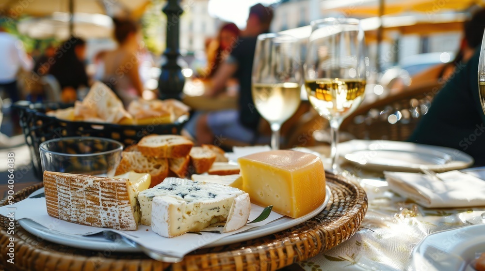 People eat cheese and drink wine in a restaurant on a terrace on a sunny day A table in a restaurant with a cheese plate bread full of visitors People eat cheese and drink wine in a restaurant on a terrace on a sunny day A table in a restaurant with a cheese plate bread full of visitors