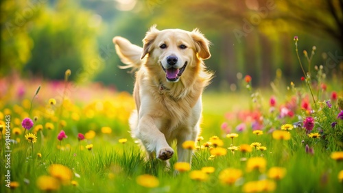 Happy energetic golden retriever running freely in lush green grass surrounded by vibrant colorful blooming flowers on sunny day. © Caitlin
