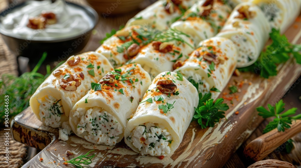 Rolls filled with cream cheese cold appetizer Georgian cuisine White small cheese rolls with herbs nuts parsley greens mini tortillas Rolls filled with cream cheese cold appetizer Georgian cuisine White small cheese rolls with herbs nuts parsley greens mini tortillas
