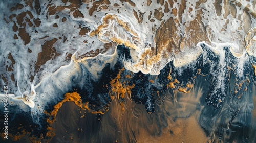 Texture of Crude oil spill on sand beach from oil spill accident photo