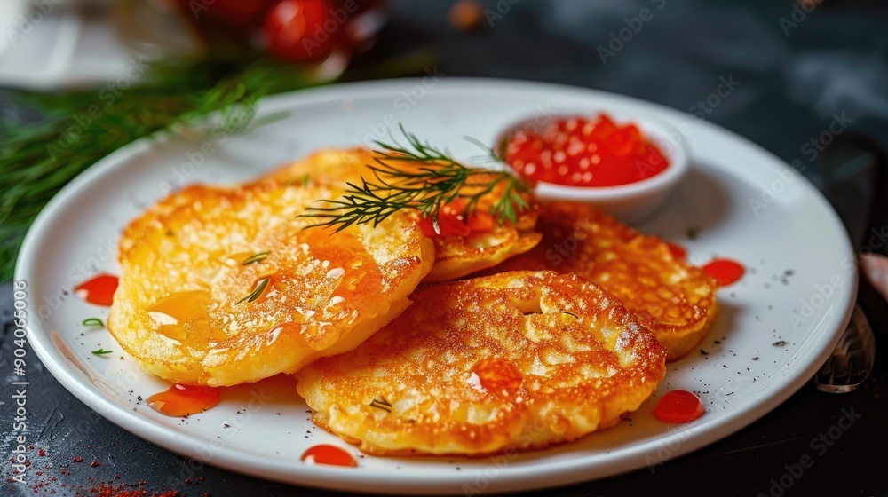 Service plate containing fried hotcakes with piece of butter and red caviar and necessary table laying Popular Russian dish Service plate containing fried hotcakes with piece of butter and red caviar and necessary table laying Popular Russian dish