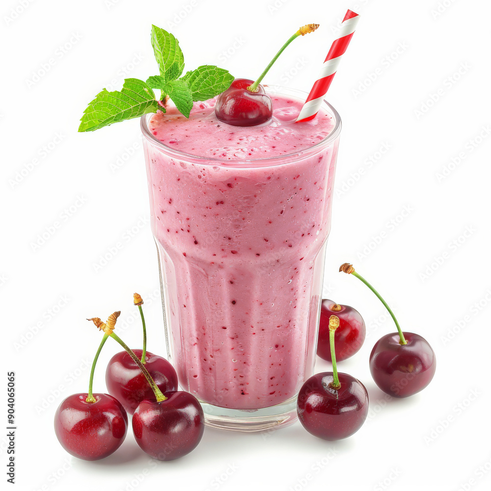 A sweet freshly pressed cherry smoothie with almond milk and vanilla, garnished with fresh cherries and a sprig of mint, isolated on white background.