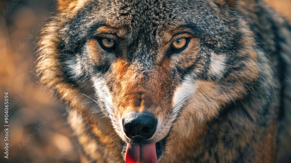 Fototapeta premium The image shows a close up of a wolf with its tongue sticking out looking straight at the camera The wolf has a thick coat of fur with shades of brown and gray and its eyes are beehive and pointed