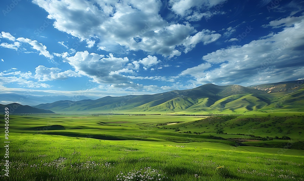 Fototapeta premium Rolling green fields extending to the horizon, with picturesque mountains and a sky filled with beautiful, textured clouds