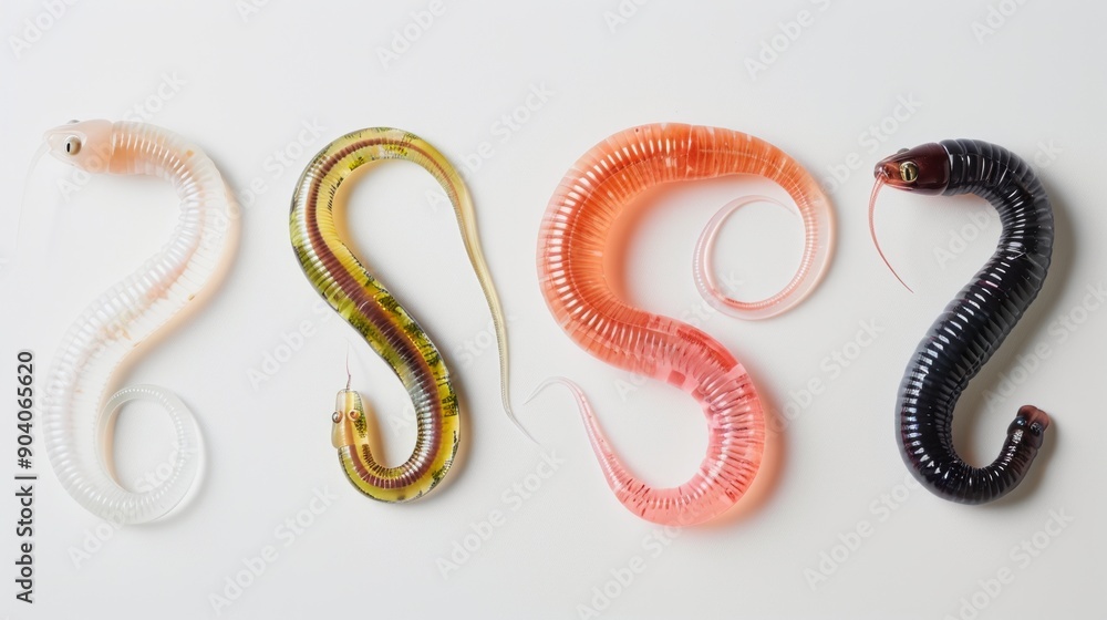 Four colorful soft plastic fishing lures are lying on a white background, ready for a day of fishing. Four colorful soft plastic fishing lures are lying on a white background, ready for a day of fishing.