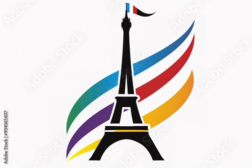 The logo for the Paris Olympic Games features an Eiffel Tower with five colored stripes in the style of minimalism. It has a simple, flat design with a black outline on a white background.  photo